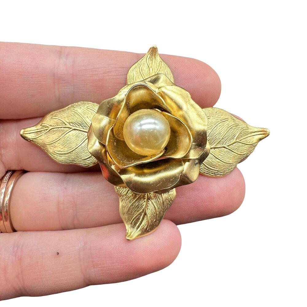 Vintage Gold Tone Rose Brooch with Pearl Center